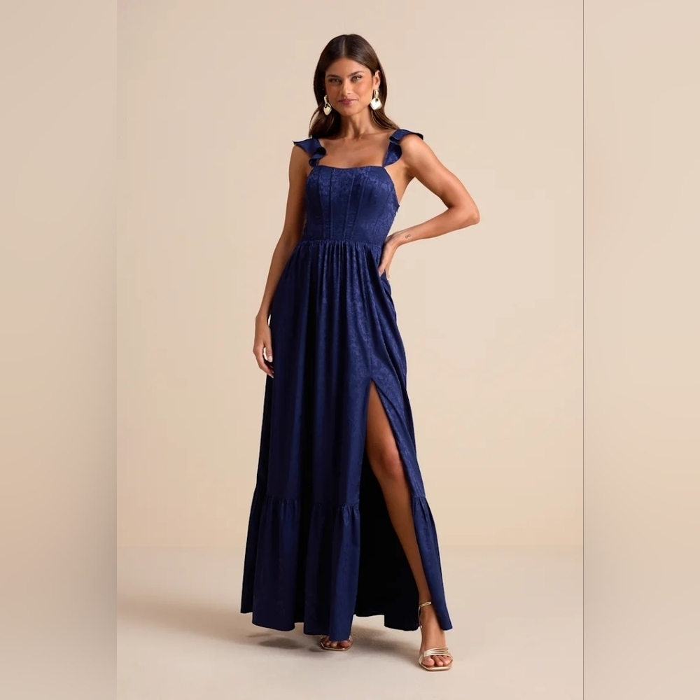 Lulus Arlaith Navy Jacquard Lace-Up Corset Maxi Dress M Wedding Party Prom - Picture 2 of 10